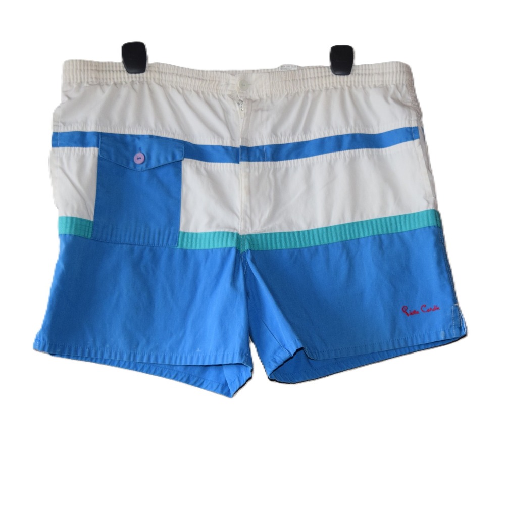 Pierre Cardin Swim Trunks Mens M White Blue Colorblock Vintage Good Pocket Logo